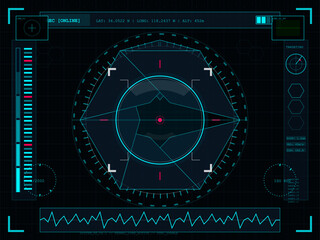 Radar screen displays location data and signal readings in a digital interface during a monitoring operation