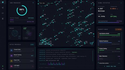 Sci-fi AGI computer console displaying global neural network stats, deep learning topology, and processing logs. Futuristic cyberpunk interface with animated data visualization and digital HUD element - Powered by Adobe