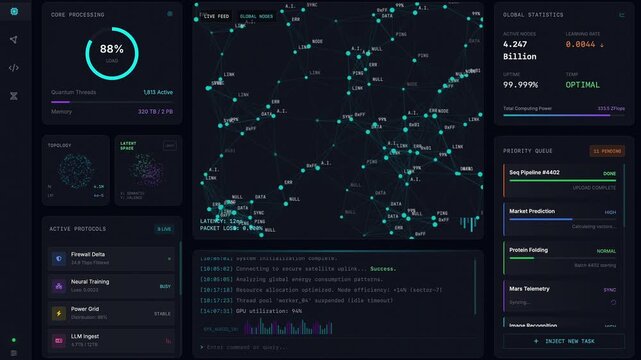 Sci-fi AGI computer console displaying global neural network stats, deep learning topology, and processing logs. Futuristic cyberpunk interface with animated data visualization and digital HUD element
