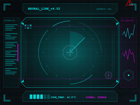 Display monitoring neural link technology with system log and bio monitor readings in digital interface format