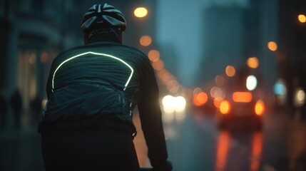 Medium shot capturing a cyclist wearing reflective sportswear enhancing visibility on early morning city streets under low light conditions.