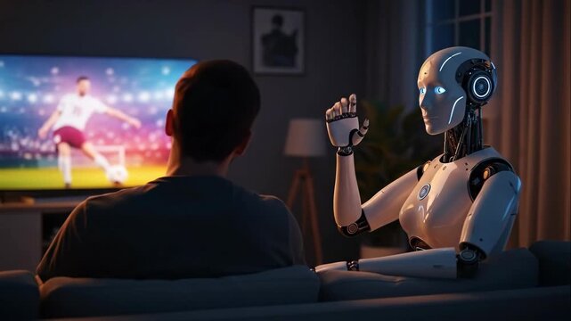 Man watches soccer match on TV as white humanoid robot approaches and waves hello in cozy living room. Home companion robot interaction sequence. Future smart home technology and human-robot