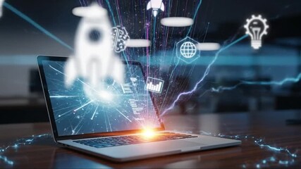 Futuristic digital technology and innovation concept with holographic icons emerging from a laptop - Powered by Adobe