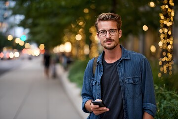 Young caucasian man holding smartphone on city street at evening