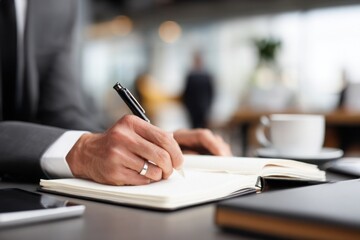 Businessman writing notes in office notebook