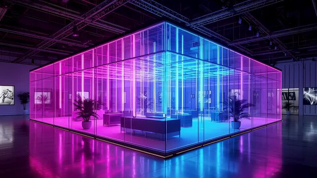 Glowing transparent glass pavilion with vibrant purple and blue illumination inside a dark exhibition hall creating a striking modern architectural installation