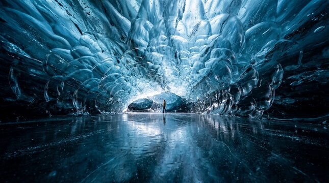 Small Person Exploring a Massive Blue Glacial Ice Cave with Textured Walls and Frozen Ground, Winter Adventure Concept