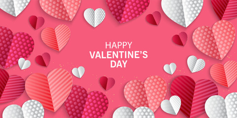 Valentines Day greeting card Creative concept. Trendy minimalist design with pink sky and 3d red and pink paper hearts frame. Cute love sale banner or greeting card. Valentine's day, vertical banners 