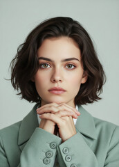 Close-up portrait of a serious young woman with short hair and folded hands, wearing a green blazer against neutral background.