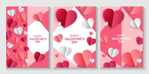 Valentines Day greeting card Creative concept. Trendy minimalist design with pink sky and 3d red and pink paper hearts frame. Cute love sale banner or greeting card. Valentine's day, vertical banners 