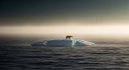 Polar bear sitting alone on shrinking ice floe in open ocean representing climate change