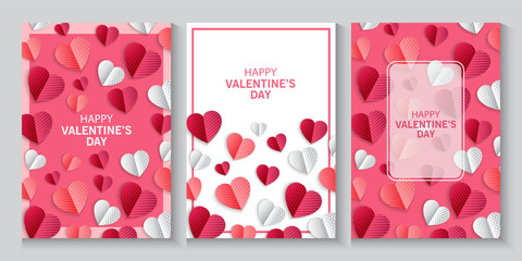 Valentines Day greeting card Creative concept. Trendy minimalist design with pink sky and 3d red and pink paper hearts frame. Cute love sale banner or greeting card. Valentine's day, vertical banners 