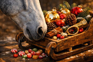A horse looks out of a comfortably lit country-style stable on a quiet Christmas Eve.  The doorway of the stable is decorated with a lush traditional Christmas wreath of pine, cones and red berries.
