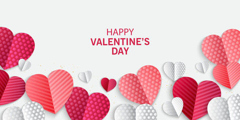 Valentines Day greeting card Creative concept. Trendy minimalist design with pink sky and 3d red and pink paper hearts frame. Cute love sale banner or greeting card. Valentine's day, vertical banners 