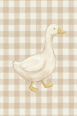 Gingham goose cute illustration. Sweet baby goose drawing with checkered pattern, soft pastel nursery decor, gentle hand drawn artwork