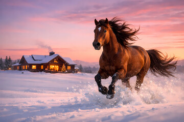 A bay horse galloping freely at dawn across a vast, untouched snowfield. In the distance, a cozy wooden house can be seen on the horizon, with Christmas tree lights burning warmly in the windows