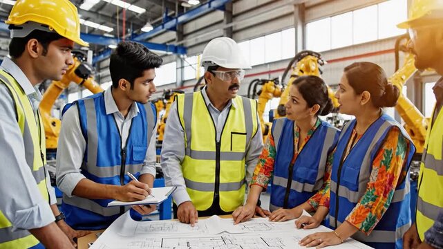 Engineers and technicians safety vest and hard hat reviewing factory blueprint and layout plan with inspectors, collaborative planning, quality control, manufacturing workflow for worker