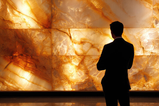 Backlit onyx stone wall illuminating contemplative silhouette of business professional standing alone looking warm glowing texture surface inside luxury hotel lobby with dramatic emotional