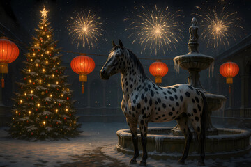 A horse stands in a snow-covered, ornate European courtyard garden. It is located between a majestic, beautifully decorated Christmas tree and a classic stone fountain.