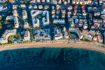 Luxury Living at Dawn: Cinematic 4K Aerial of Marbella&rsquo;s Golden Mile, Featuring Exclusive Beachfront Resorts, the Paseo Mar&iacute;timo, and La Concha Mountain, Costa del Sol, Spain