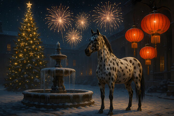 A horse stands in a snow-covered, ornate European courtyard garden. It is located between a majestic, beautifully decorated Christmas tree and a classic stone fountain.