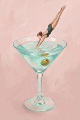 Playful martini olive oil painting. Whimsical feminine fine art with girl diving into cocktail glass, pink background wall art for modern home decor
