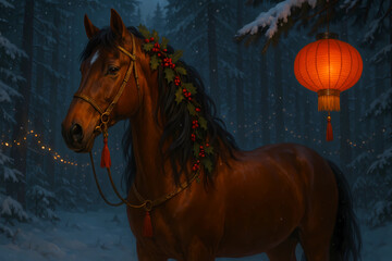 The horse stands in the forest, decorated with elements: a golden bridle with red tassels and holly berries. Garlands are hung on the trees, and a Chinese lantern hangs from a branch.