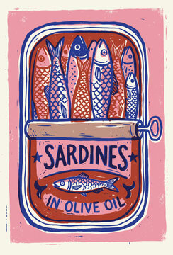 Sardine tin vector illustration with retro fish can design. Vintage food art print in pink and blue palette for kitchen decor, packaging design and poster