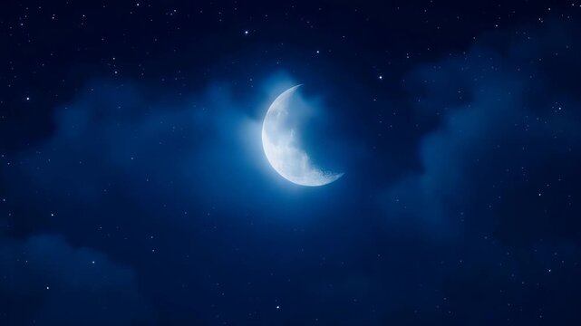 Bright crescent moon glowing in deep blue night sky with soft clouds around. Concept of mystery and calm night atmosphere