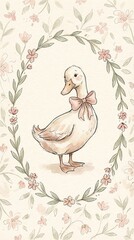 Silly goose wall decor illustration with cute duck character in oval frame. Vintage floral nursery art in soft pink coquette style for baby room