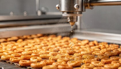Medium shot showcasing a lowoil spray applicator gently coating baked snacks with minimal flavored oil focusing on precise and controlled flavor enhancement before packaging.