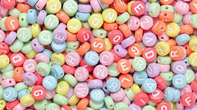 Rotating pile of small round colorful english letters beads, Top view shot