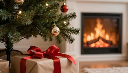 Gift Under Christmas Tree With Ornament In Interior With Fireplace And Abstract Defocused Lights