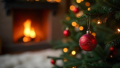 Gift Under Christmas Tree With Ornament In Interior With Fireplace And Abstract Defocused Lights