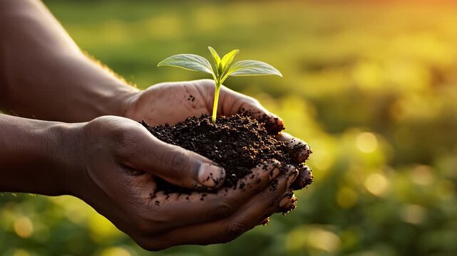 Young plant seedling soil held dirty hands golden sunrise with warm sunlight hopeful mood conveying growth and hope hands holding seedling sapling soil earth nurture agriculture farming plantation