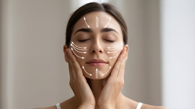 Woman performing face yoga massage with marked facial lines, demonstrating lifting and sculpting technique for skin and muscle tone.