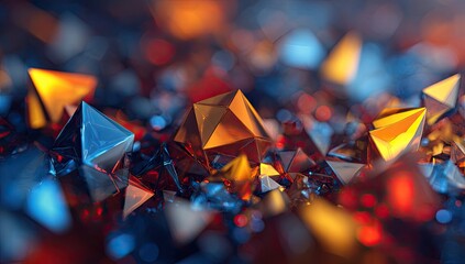 Close-up of sparkling, multi-faceted geometric shapes with blurred, colorful light effects
