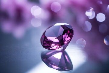 A close up of a faceted polished amethyst gemstone with a blurred background
