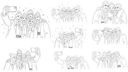 Fototapeta premium Group of friends taking a group selfie on a cold winter day wearing warm clothes, minimalist line art vector illustration collection for friendship and seasonal travel concepts