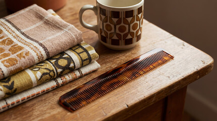 Close-up of a tortoiseshell comb, patterned mug and folded vintage linens on a wooden surface from the past