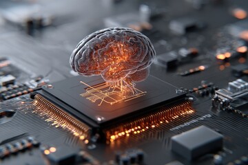 A glowing brain sits atop a computer chip, suggesting AI or technological advancements