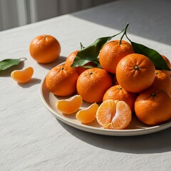 Fresh tangerines arranged on a plate with green leaves in sunlight  