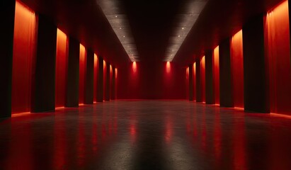 Long corridor bathed in red and dark tones, with vertical lighting strips