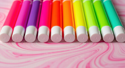 A Vibrant Array of Colorful Markers on a Swirled Pink Surface Creating a Playful and Artistic Composition Perfect for Creative Projects and Designs with a Modern Touch