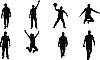 Fototapeta premium People silhouette action set, walking jumping cheering poses, human body movements collection, black vector illustration, isolated lifestyle activity icons