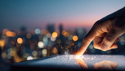 Illuminated fingertip touches a tablet screen, cityscape backdrop at dusk
