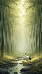 Fototapeta premium Majestic red-crowned crane stands gracefully beside a tranquil stream flowing through a lush bamboo forest bathed in soft, ethereal light.