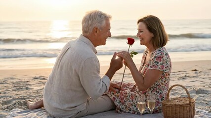Romantic senior man giving red rose to happy woman during beach picnic at sunset celebrating valentines day and anniversary love