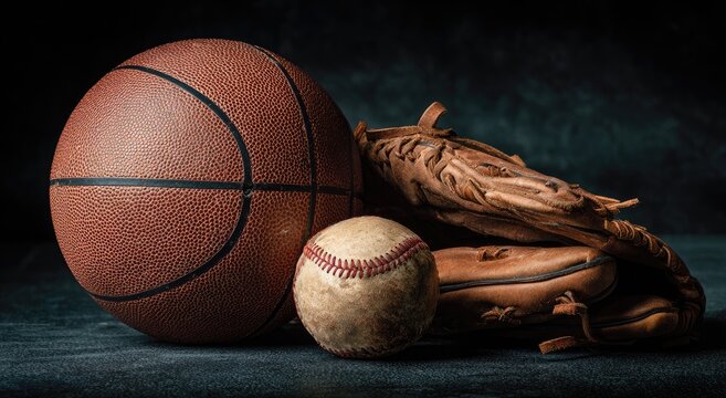 A basketball, baseball, and glove arranged on a dark textured surface, well-lit