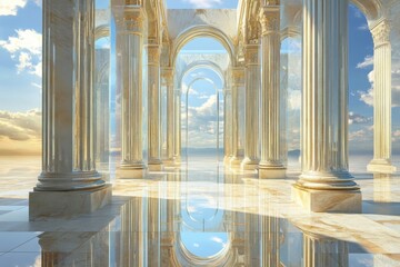 Majestic columns reflect on serene waters under a vibrant sky at sunset